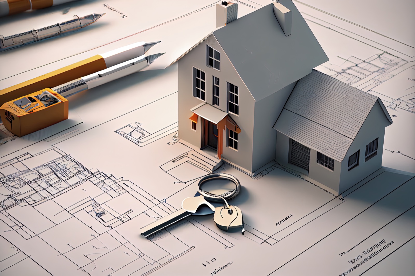 House model on architectural blueprints with construction planning tools.