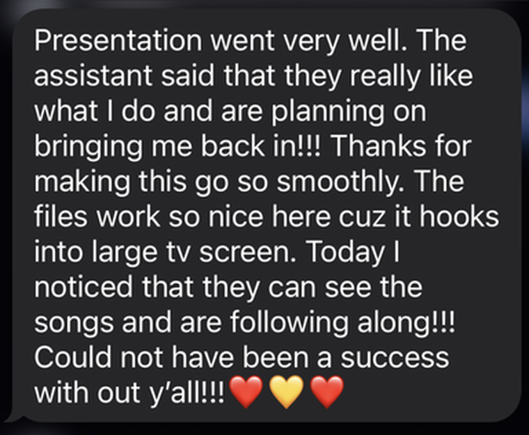 Client text message: presentation went very well, could not have been a success without y'all